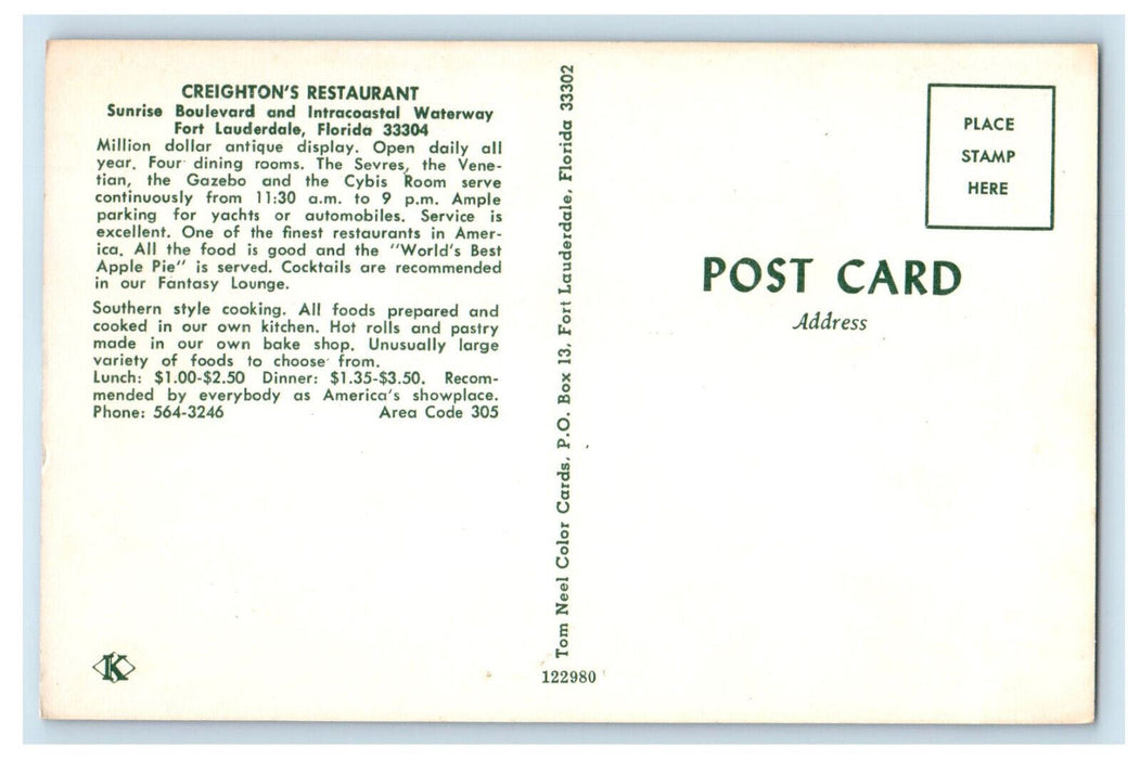 c1950's Creighton's Restaurant Sunrise Boulevard Fort Lauderdale FL Postcard