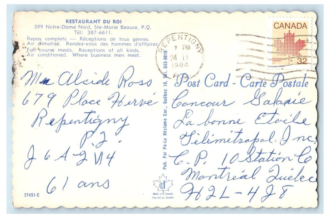 1984 Restaurant Du Roil Dining Room St. Marie Beauce Quebec Canada Postcard