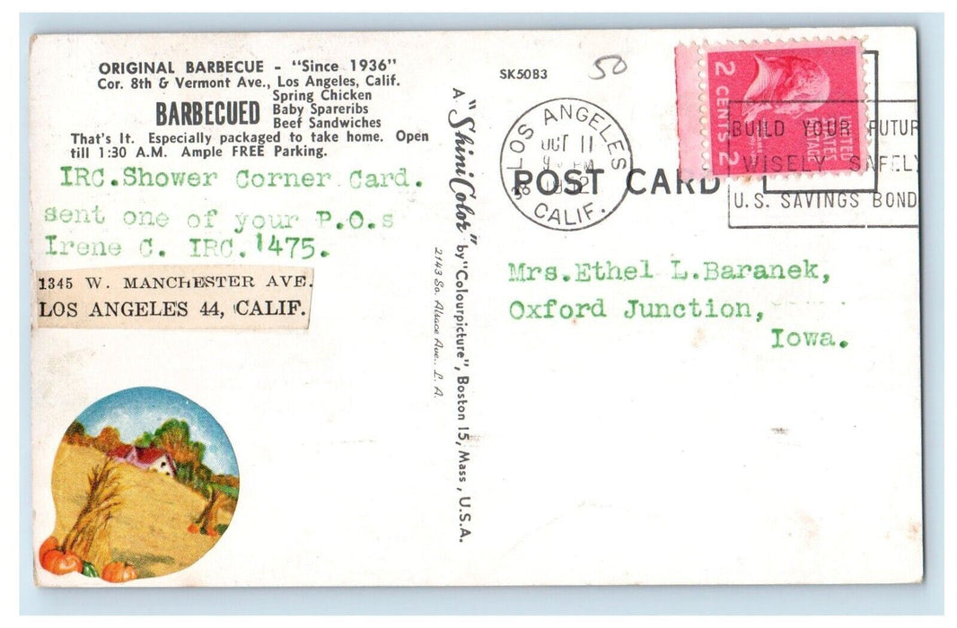 c1952 Original Barbecue Cor 8th Restaurant Los Angeles California CA Postcard