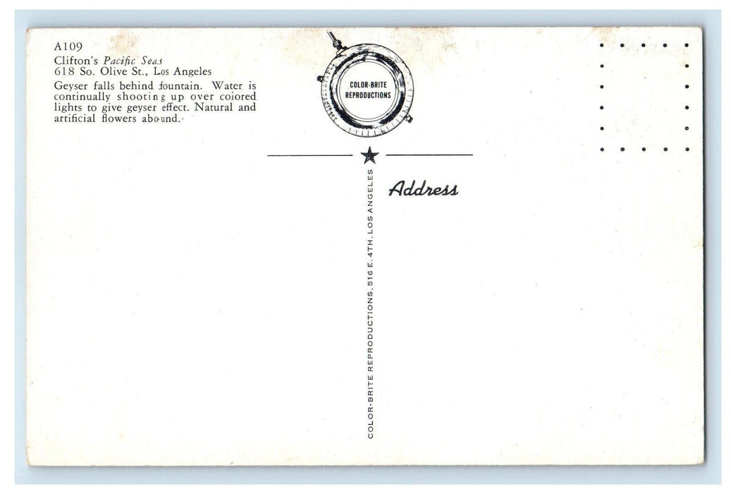 c1960's Cliftons Pacific Seas Polynesian Los Angeles CA Restaurant Postcard