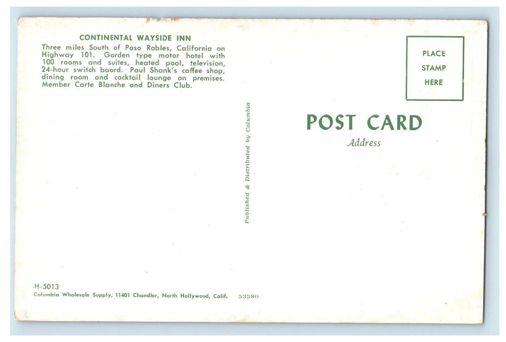 c1960's Continental Wayside Inn Hotel South Paso Robles Restaurant CA Postcard