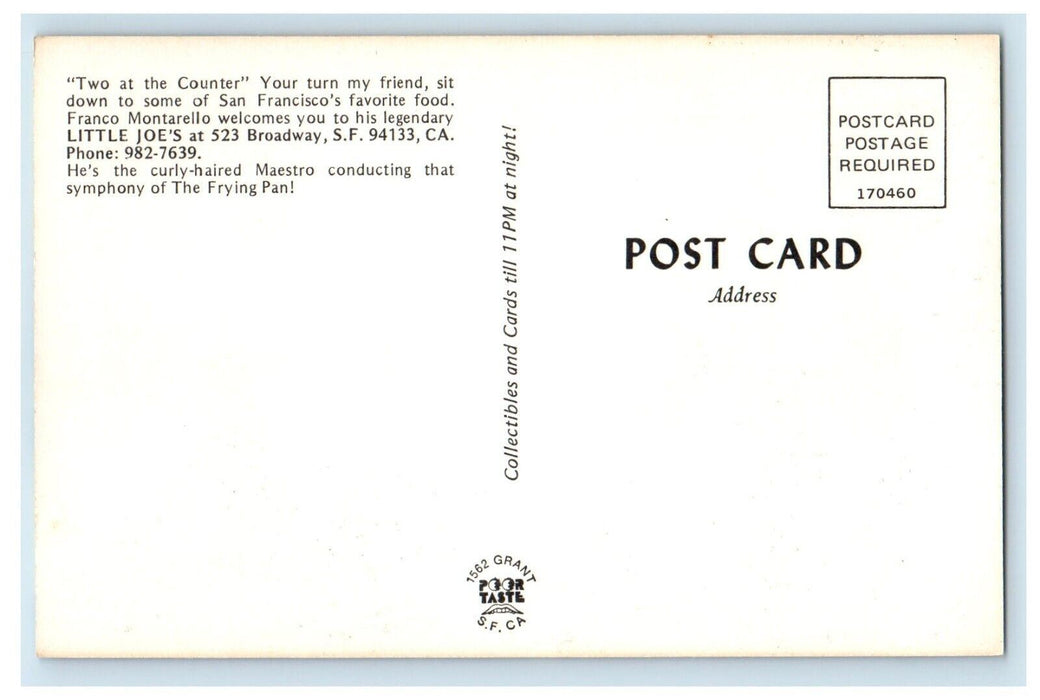 c1960's Little Joes Franco Montarello San Francisco Restaurant CA Postcard