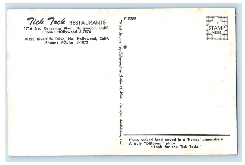 c1960's Tick Tock Restaurants Cahuenga Blvd Hollywood California CA Postcard