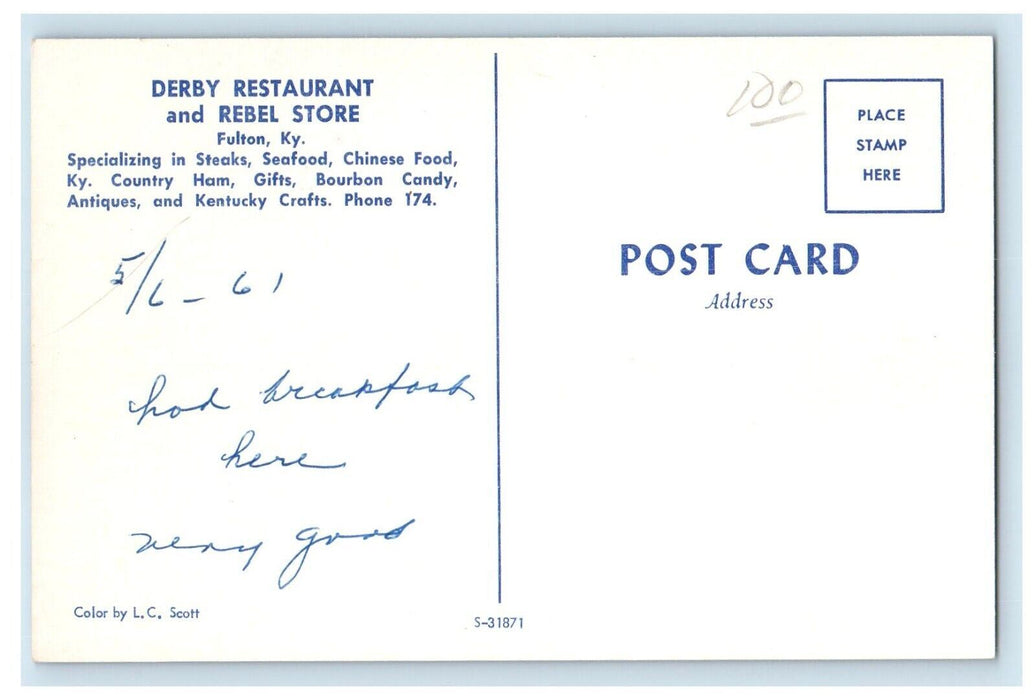 1961 Derby Restaurant And Rebel Store Cars Fulton Kentucky KY Vintage Postcard