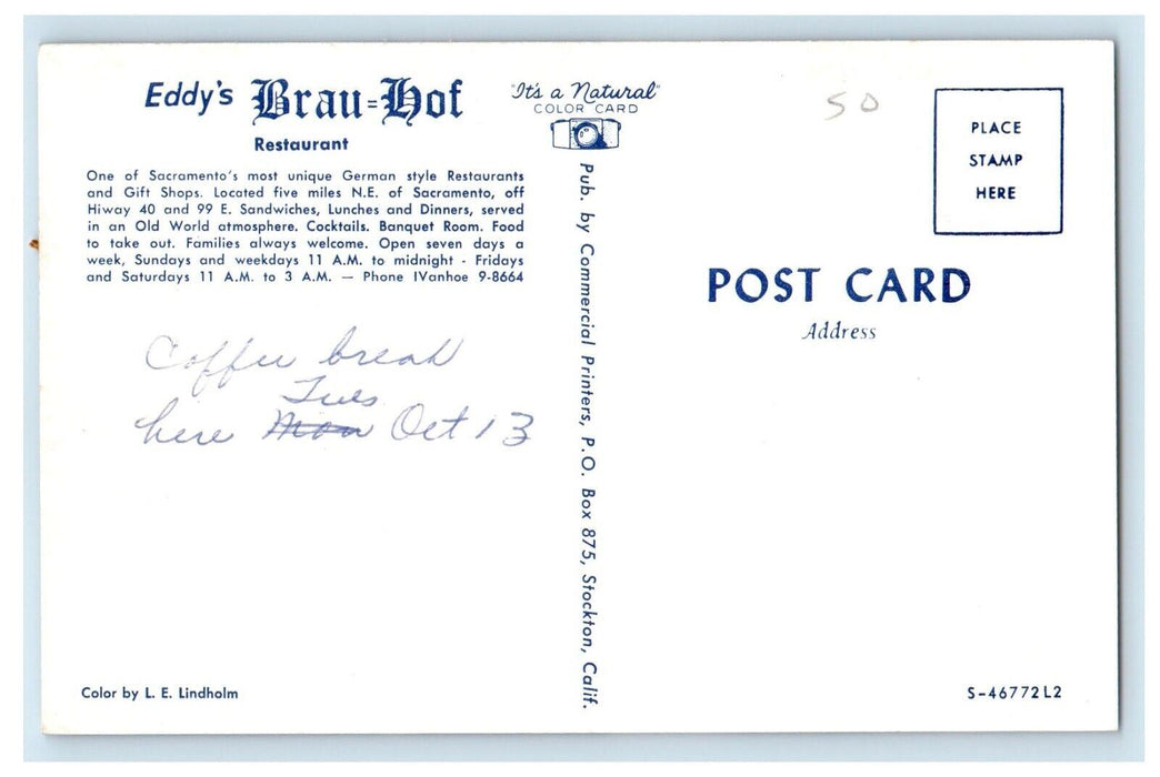 c1960's Eddys Brau Hof Restaurant Sacramento Fulto Avenue California CA Postcard