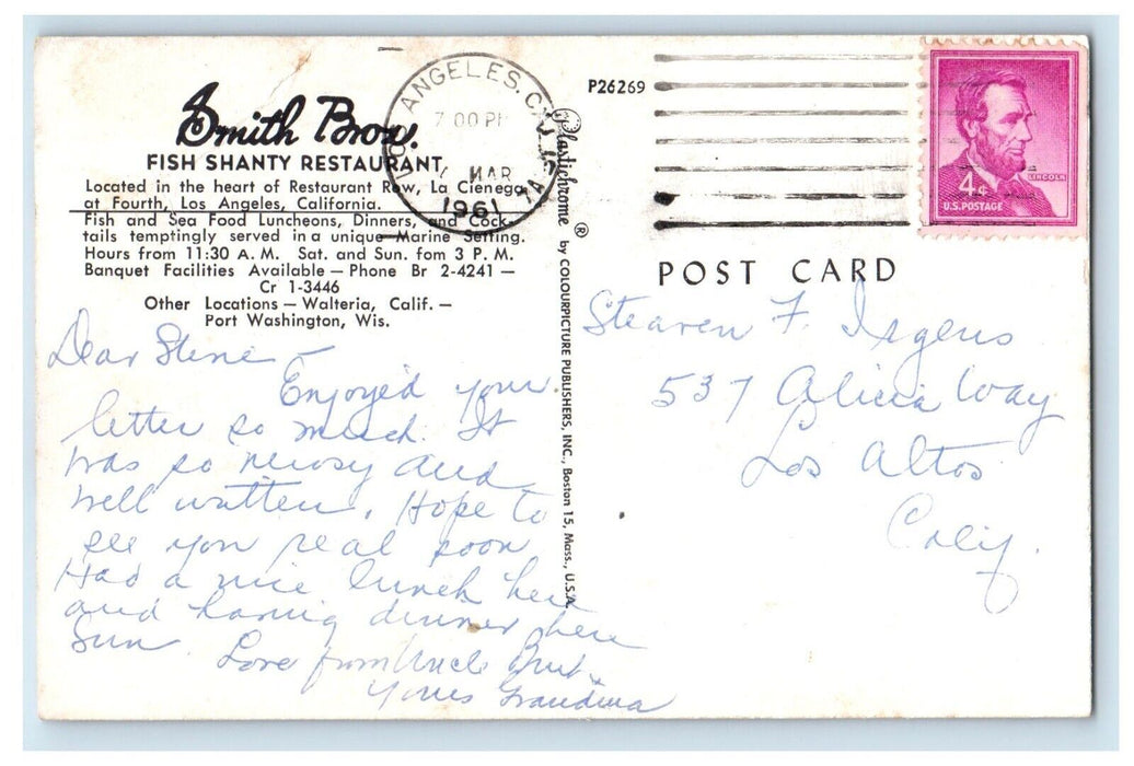 c1961 Smith Bros Fish Shanty Restaurant Cienaga Los Angeles California Postcard