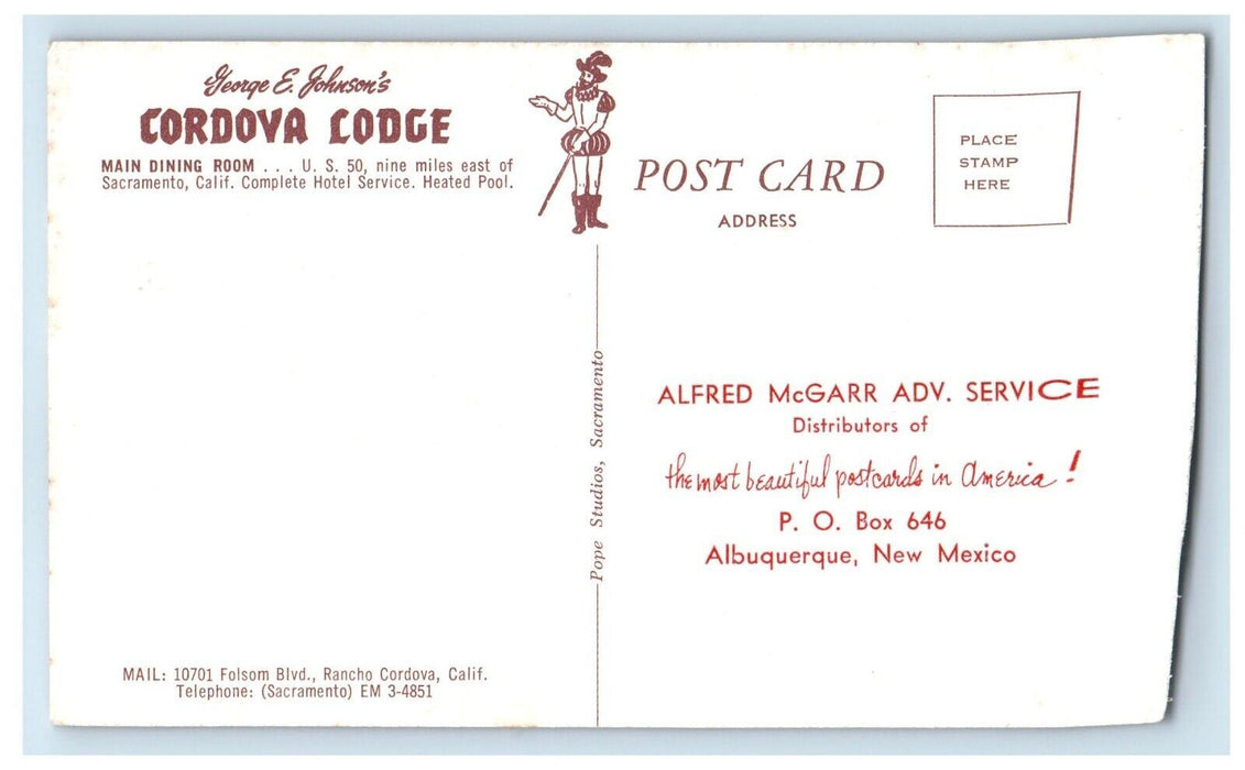c1960's Cordova Lodge Restaurant Dining Sacramento California CA Postcard