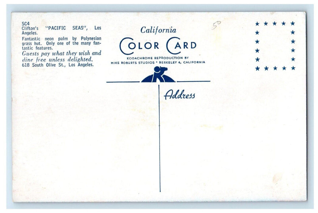 c1960's Cliftons Pacific Seas Polynesian Hut Los Angeles Restaurant CA Postcard