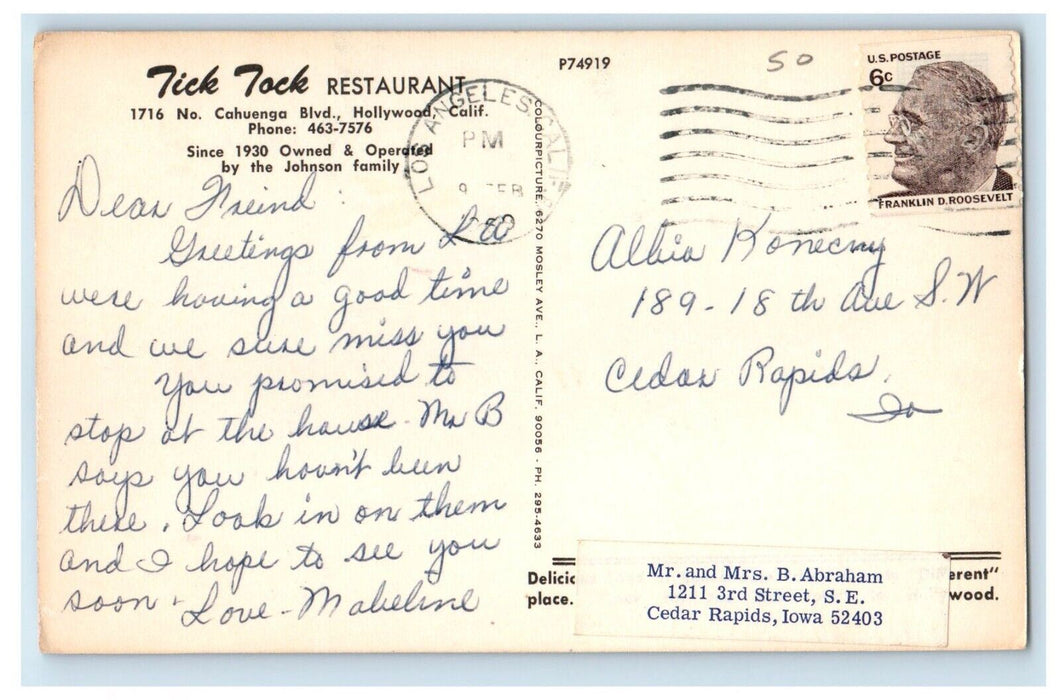 c1960 Tick Tock Restaurant Cahuenga Hollywood Los Angeles California CA Postcard