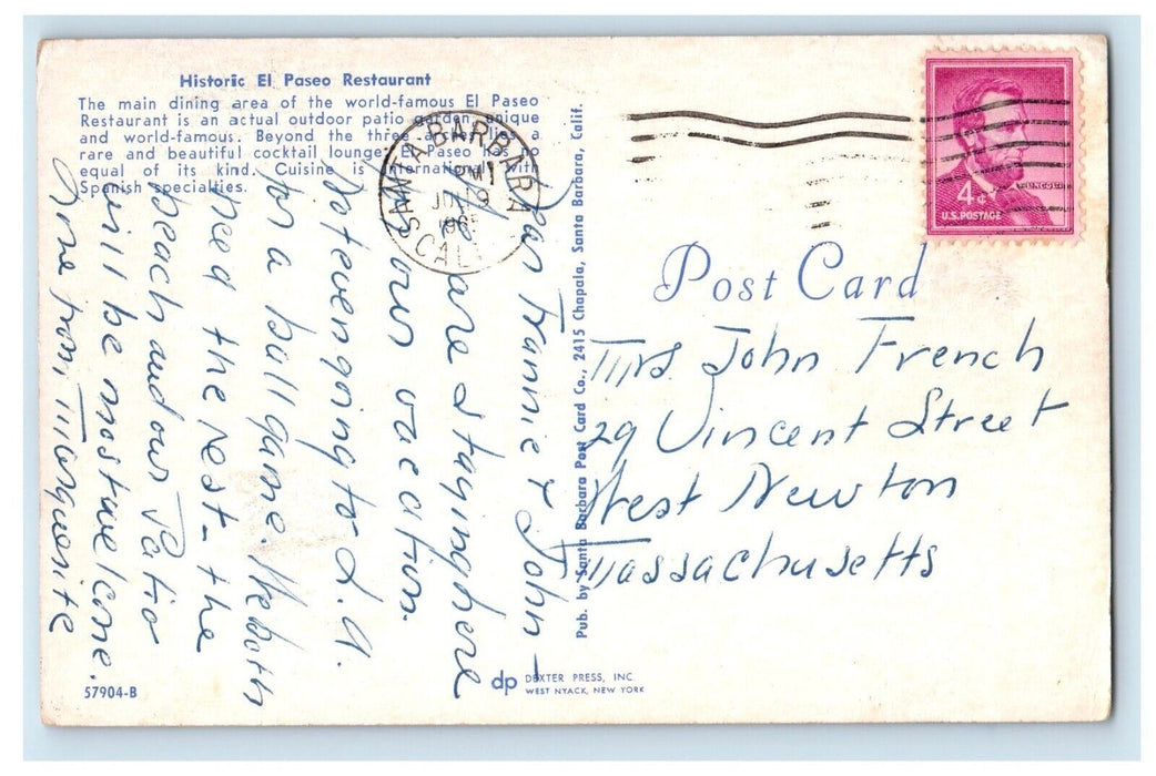 c1965 Historic El Paseo Restaurant Dining Area Santa Barbara California Postcard