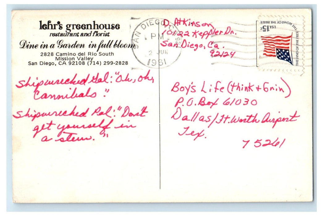 c1981 Lehr's Greenhouse Restaurant Florist Garden San Diego California Postcard