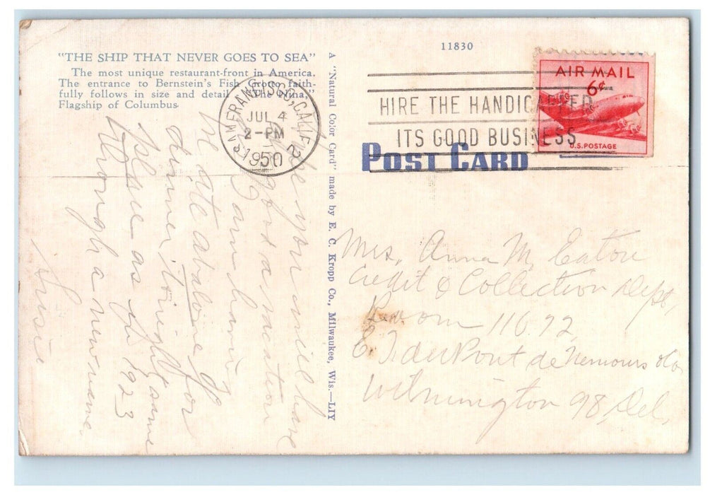 c1950 The Ship That Never Goes to Sea Powell San Francisco California Postcard