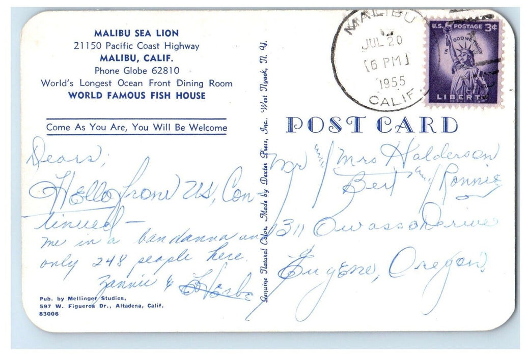 c1955 Malibu Sea Lion Pacific Coast Restaurant House Malibu California Postcard