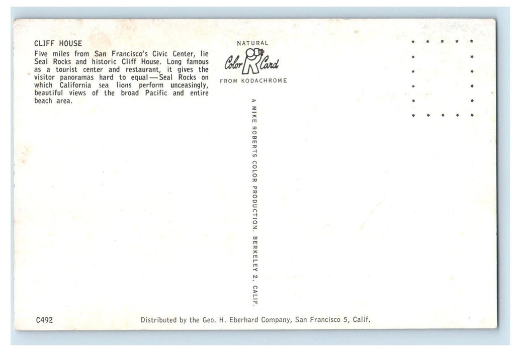 c1960's Cliff House San Francisco Restaurant Seal Rocks California CA Postcard