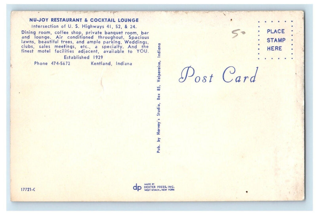 c1960's NU-Joy Restaurant & Cocktail Lounge Kentland Indiana IN Vintage Postcard