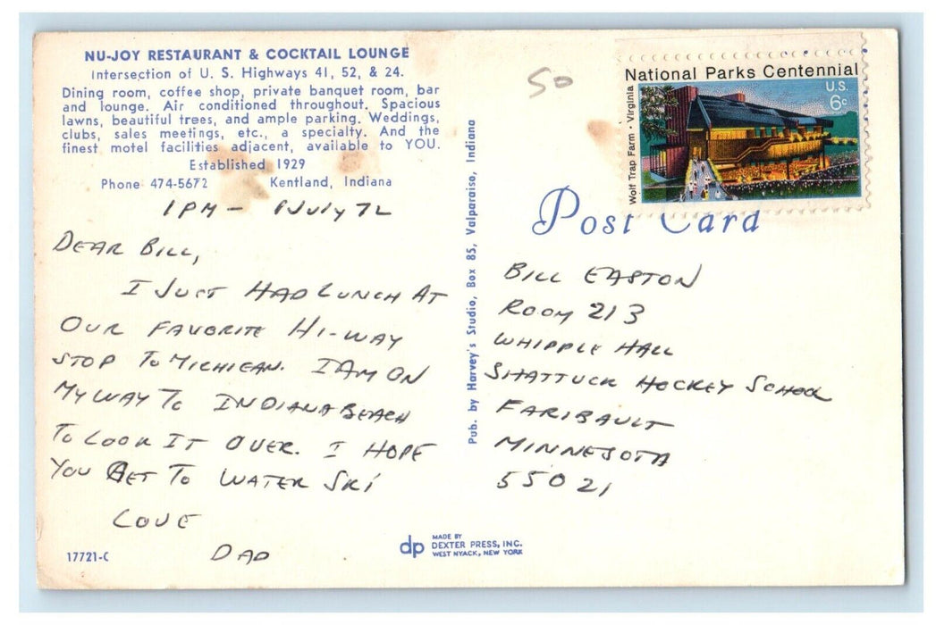 NU-Joy Restaurant & Cocktail Lounge Restaurant Kentland Indiana IN Postcard