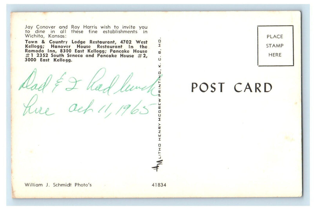 1961 Town & Country Lodge Restaurant Wichita Kansas KS Multiview Posted Postcard