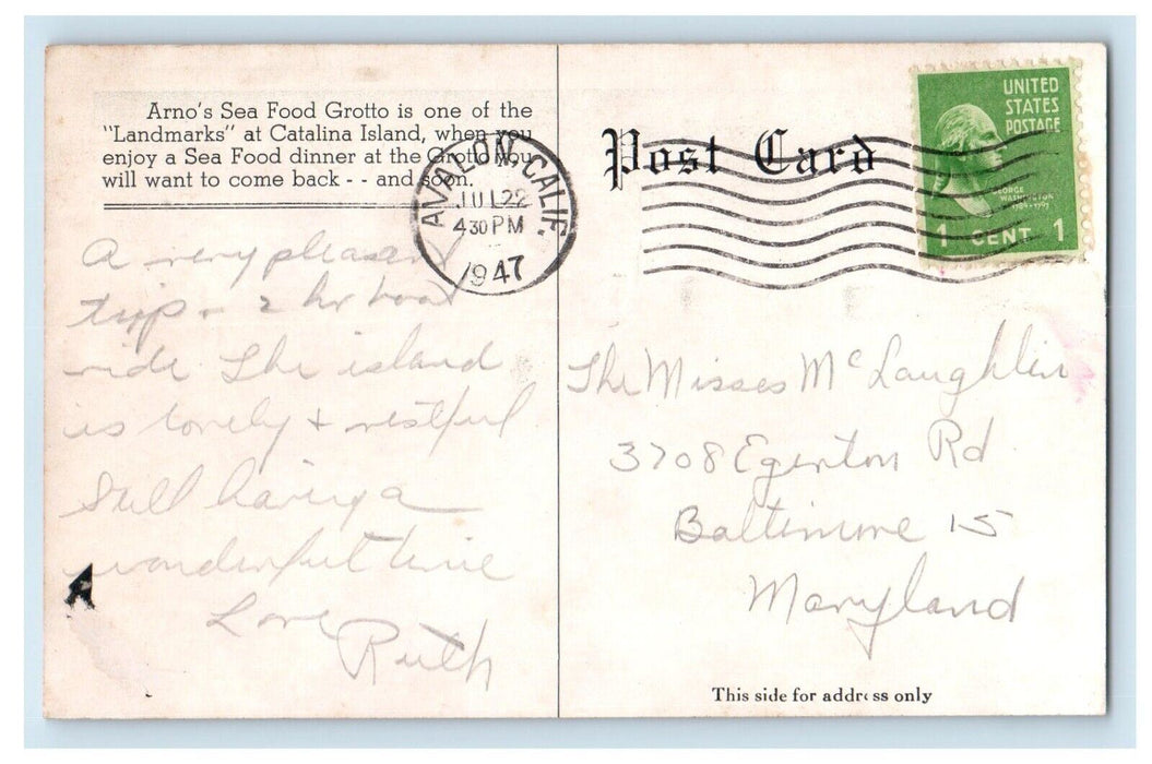1947 Arno's Sea Food Grotto Boats Catalina Island Avalon California CA Postcard