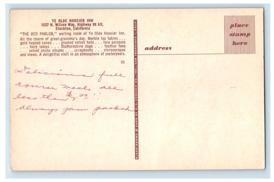 c1960's Ye Olde Hoosier Inn Wilson Way Restaurant Stockton California Postcard