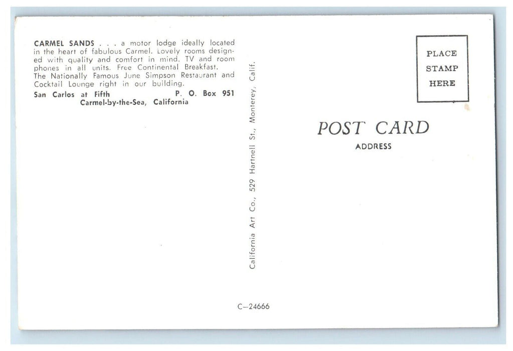 c1960's Carmel Sands Motor Lodge San Carlos Restaurant California CA Postcard