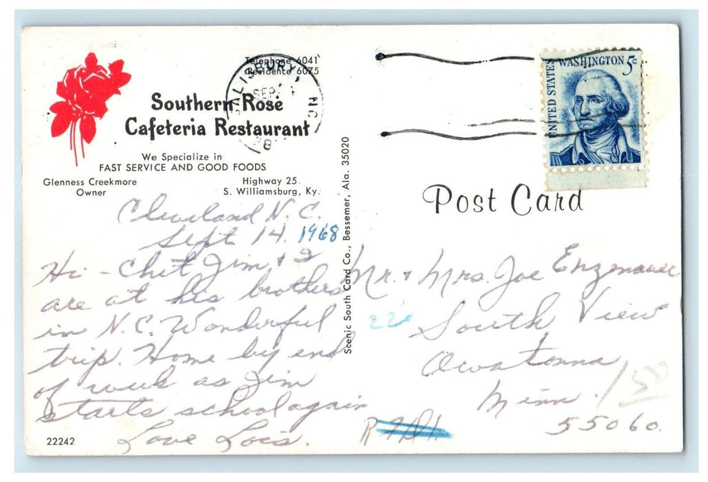 1968 Southern Rose Cafeteria Restaurant Cars South Williamsburg KY Postcard