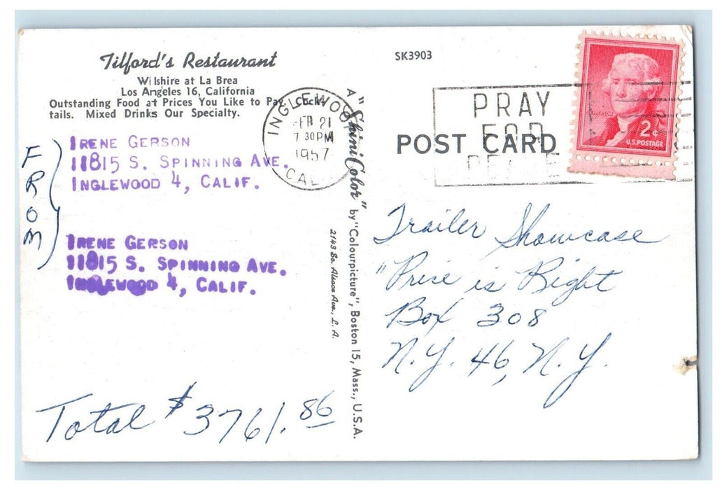 c1957 Tilfords Restaurant Wilshire La Brea Los Angeles California CA Postcard
