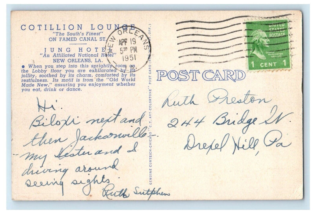 1951 Cotillion Lounge Jung Hotel Dining Room New Orleans Restaurant LA Postcard