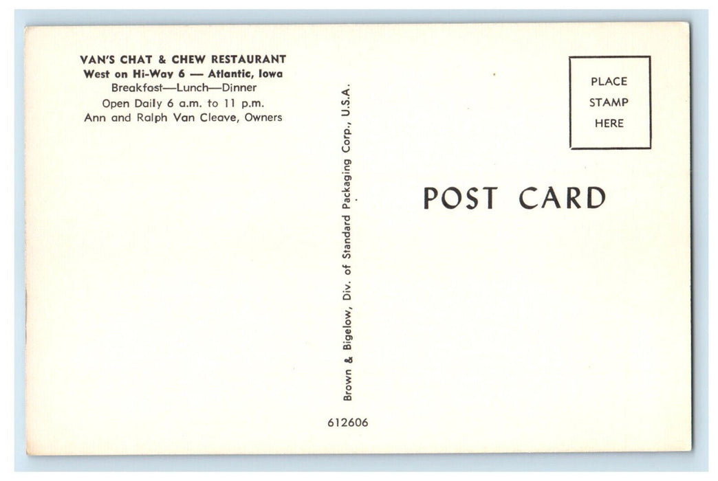 Van's Chat & Chew Restaurant Car Roadside Atlantic Iowa IA Vintage Postcard