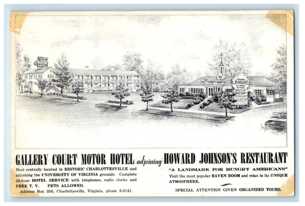 Gallery Court Motor Hotel Howard Johnson's Restaurant Charlottsville VA Postcard