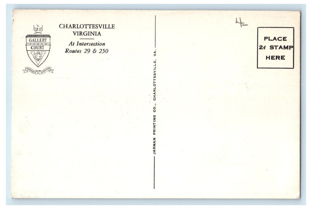 Gallery Court Motor Hotel Howard Johnson's Restaurant Charlottsville VA Postcard