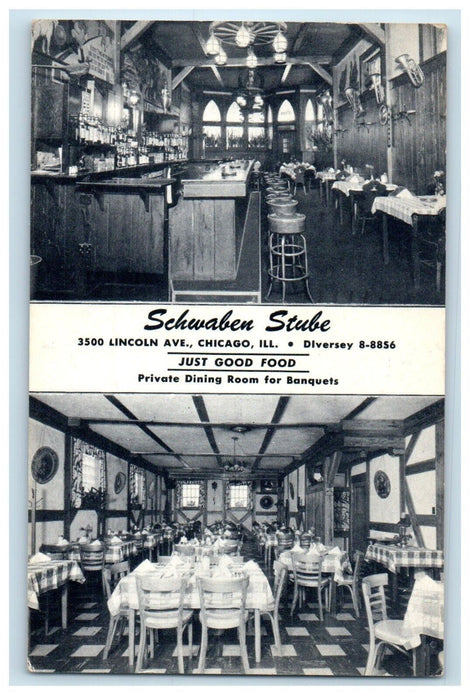 1956 Schwaben Stube Dining Room Chicago Illinois IL, Dual View Vintage Postcard