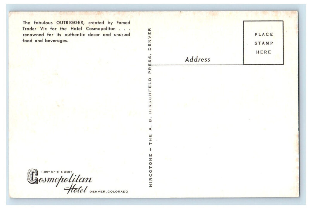 c1960's Outrigger Trader Vic Hotel Tiki Restaurant Denver Colorado CO Postcard