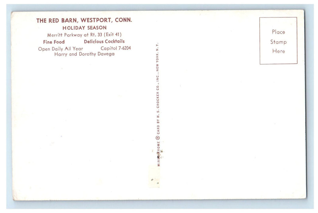c1960's Holiday Restaurant Christmas Tree The Red Barn Westport CT Postcard