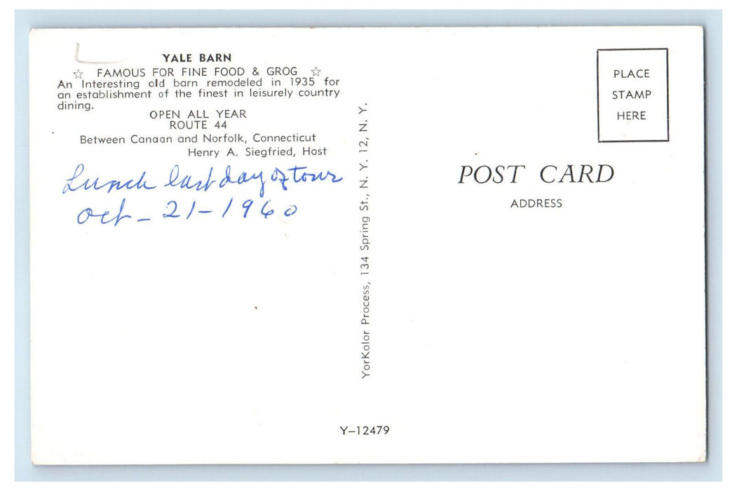 1960 Yale Barn Famouse For Fine Food & Grog, Norfolk Connecticut CT Postcard