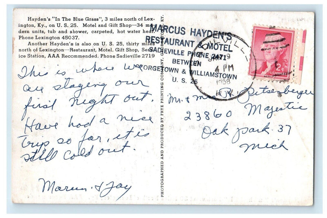 1958 Hayden's In The Hills Restaurant Cars Lexington Kentucky KY Posted Postcard