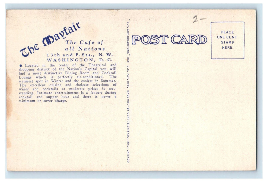 c1940's Flag Painted Wall, Dining Area, The Mayfair Washington DC Postcard