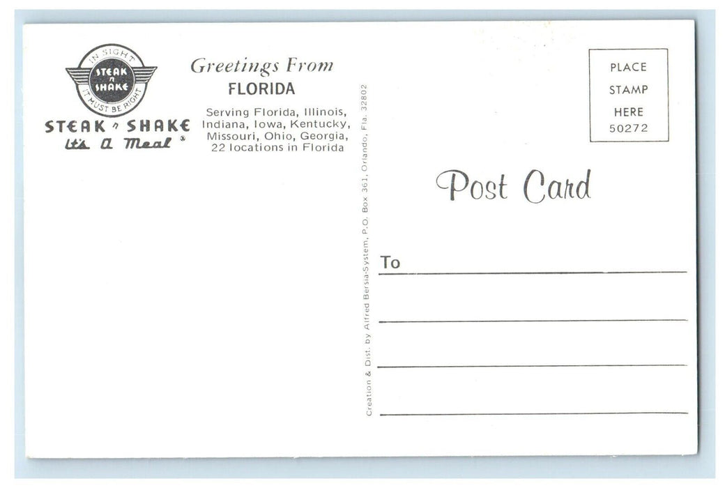 Steak N Shake Restaurant Cars Greetings From Florida FL, It's A Meal Postcard
