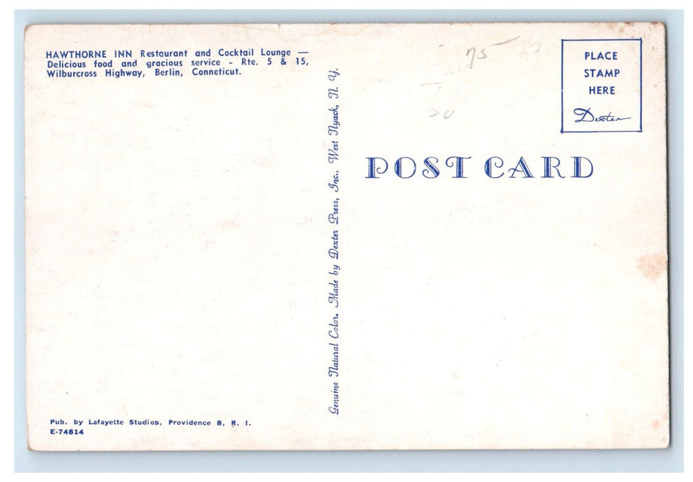 c1950's Hawthorne Inn Restaurant Cocktail Lounge Berlin CT Restaurant Postcard