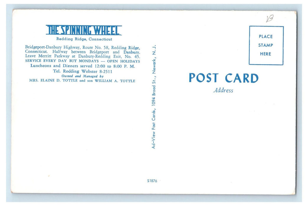 c1960's The Spinning Wheel, Redding Ridge Connecticut CT Restaurant Postcard
