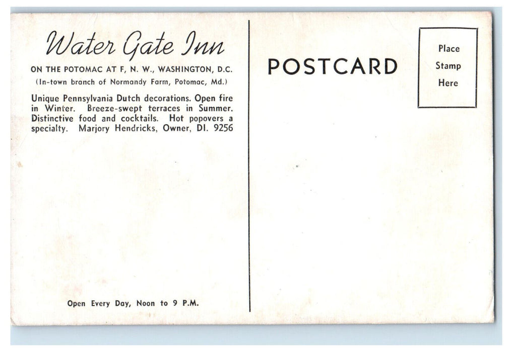 c1950's Dining Table, Chair, Kitchenwares, Watergate Inn Washington DC Postcard