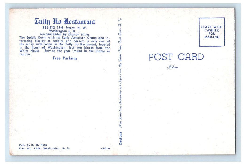 c1960's The Saddle Dining Room Tally Ho Restaurant Washington DC Postcard