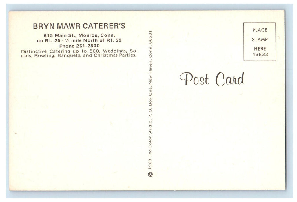 c1960's Bryn Mawr Restaurant Distinctive Catering Monroe Connecticut CT Postcard