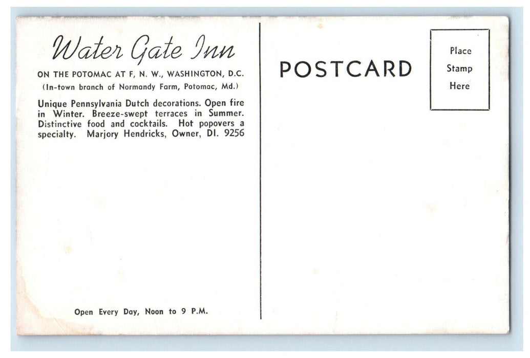 c1950's Water Gate Inn, On The Potomac Washington DC Advertising Postcard