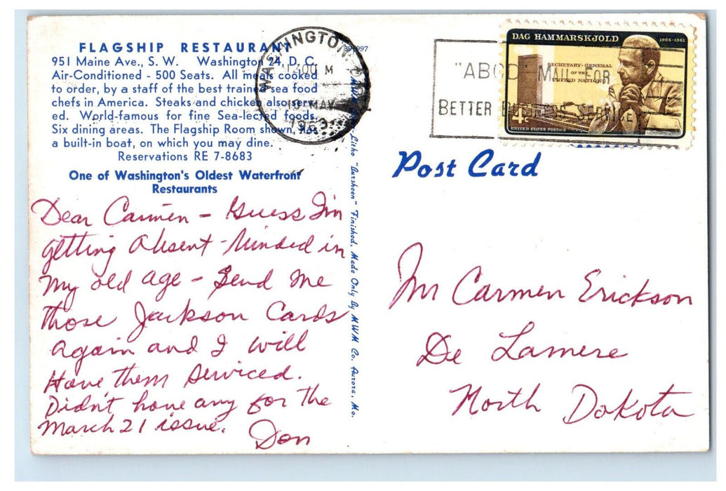 1963 Entrance, Dining, Flagship Restaurant Washington DC Vintage Postcard