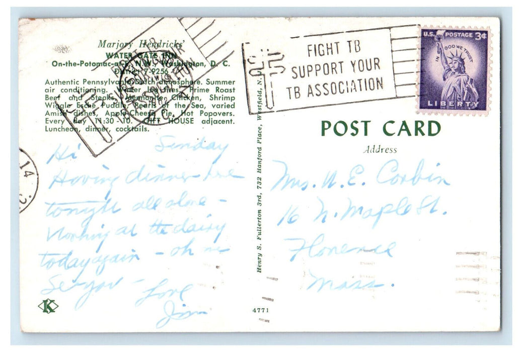1962 Chimney, Logs, Marjory Hendricks Water Gate Inn Washington DC Postcard