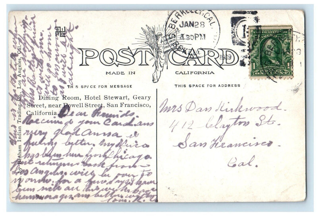 1909 Hotel Stewart And Dining Room San Francisco California CA Antique Postcard