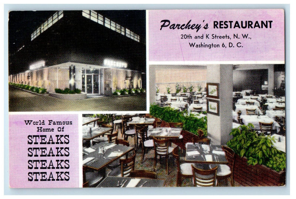 c1950's Parchey's Restaurant Home of Steaks Washington DC Vintage Postcard