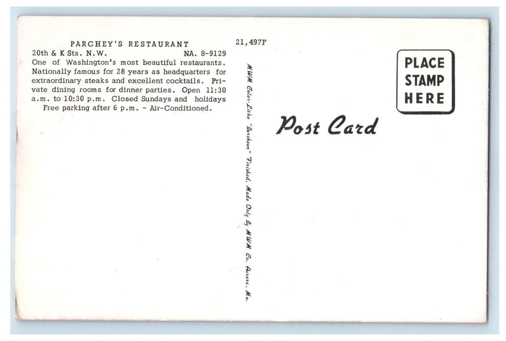 c1950's Parchey's Restaurant Home of Steaks Washington DC Vintage Postcard