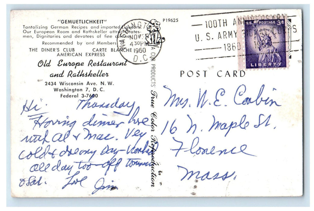 1960 Old Europe Restaurant and Rathskeller Washington DC Vintage Postcard