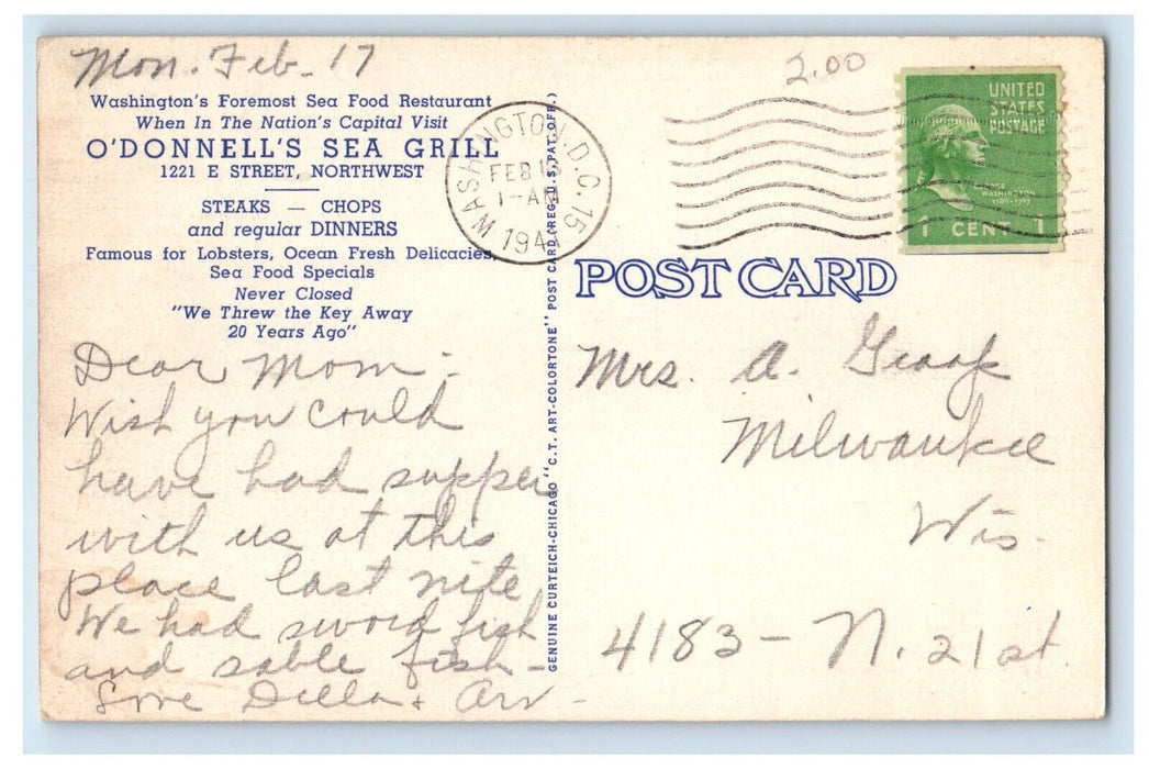 1941 Multiview, O'Donnell's Sea Grill Washington DC Vintage Posted Postcard